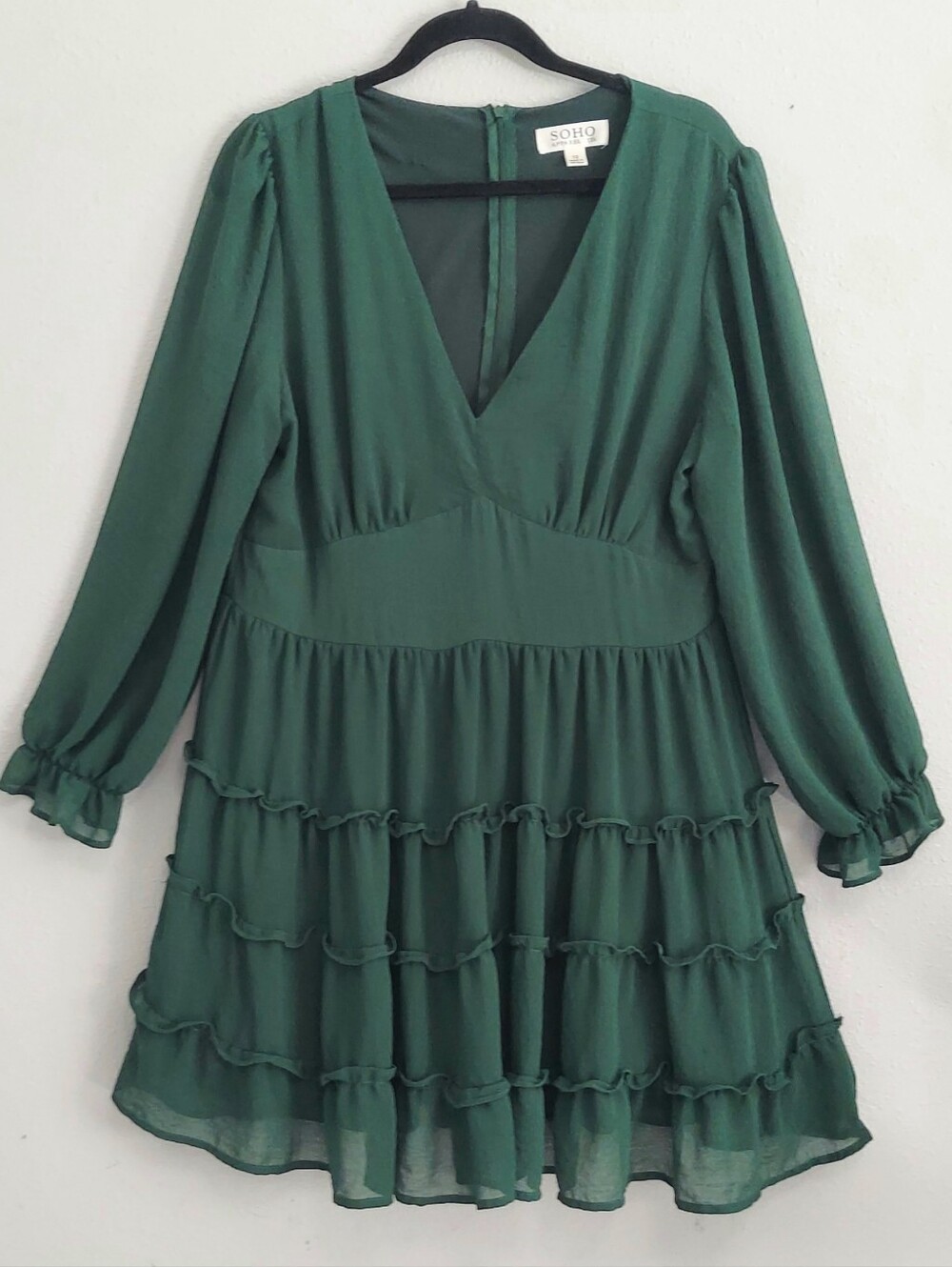 Soho Apparel Ltd Mini Puffy Sleeve Ruffled Tiered Green Dress Women 12 Boho